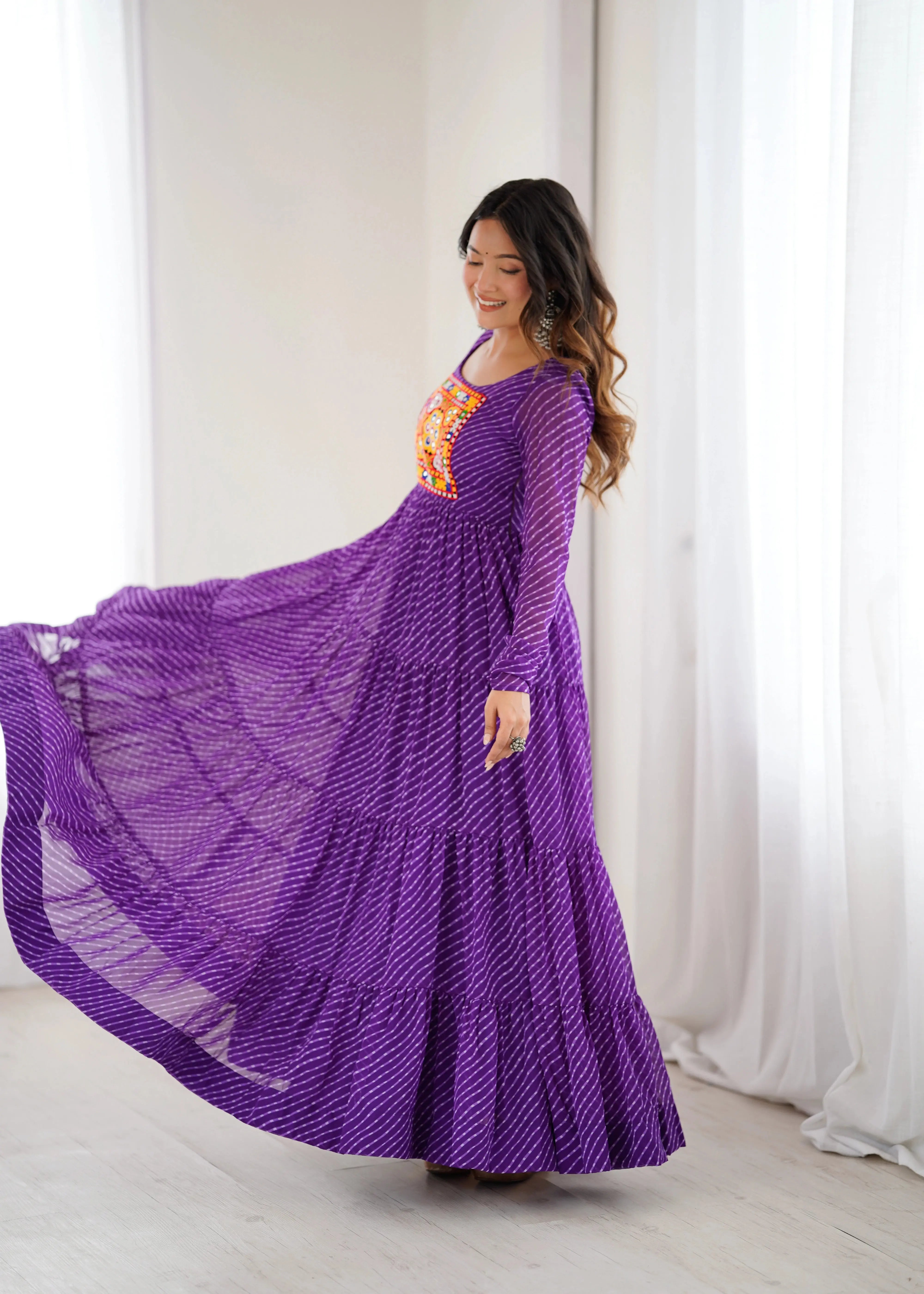 Purple Laheriya print Gamthi work gown – Kalyanja.